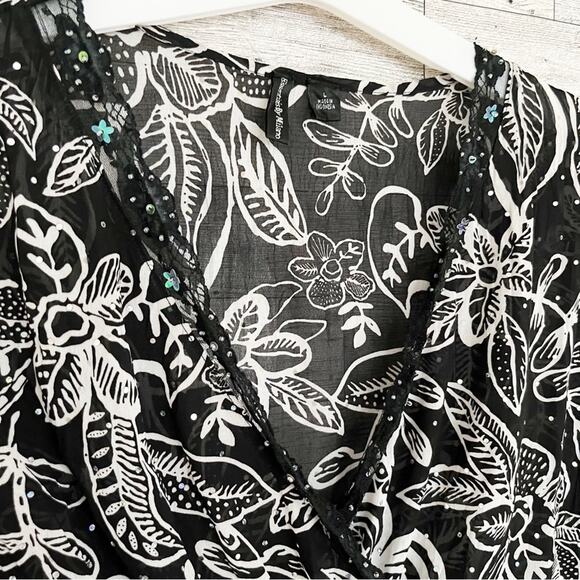 ESSENTIALS BY MILANO Black & White Floral Sequin Blouse, L - Picture 5 of 9